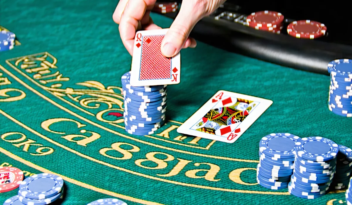 Góc nhìn cận cảnh bàn Blackjack trực tiếp với người chia bài đang chia bài và các chip cược trên bàn
