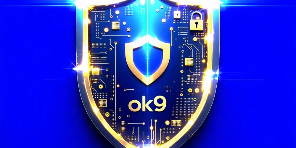 Biểu tượng lá chắn bảo vệ dữ liệu với logo OK9, thể hiện sự an toàn và bảo mật thông tin người dùng.