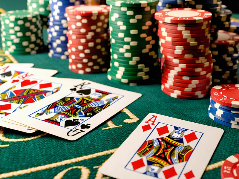 Hình ảnh một bàn chơi game bài tại OK9, OK9.com, ok9aa với các quân bài, chip poker và một không gian sang trọng, ánh sáng vàng ấm áp, thể hiện sự chuyên nghiệp và đẳng cấp của các trò chơi trí tuệ.