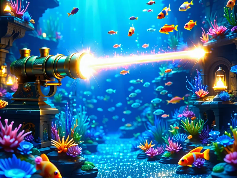 Hình ảnh một cảnh game bắn cá tại OK9, OK9.com, ok9aa với đại dương xanh thẳm, nhiều loài cá rực rỡ bơi lội và những khẩu pháo bắn tia sáng vàng, thể hiện sự sôi động và kịch tính của trò chơi.