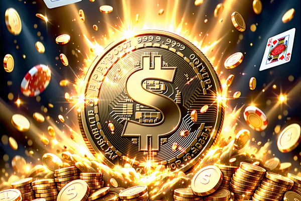 Hình ảnh một đồng xu vàng khổng lồ với biểu tượng đô la hoặc jackpot, bao quanh bởi những tia sáng rực rỡ, tượng trưng cho các giải thưởng lớn và jackpot khủng trong game điện tử tại OK9, OK9.com, ok9aa.
