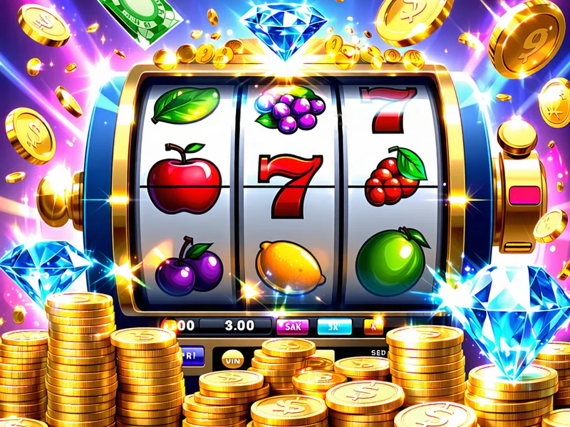 Hình ảnh tổng hợp các biểu tượng và giao diện trò chơi slot game tại OK9, OK9.com, ok9aa với cuộn quay và các biểu tượng may mắn như kim cương, vàng, trái cây, ánh sáng rực rỡ tượng trưng cho chiến thắng.