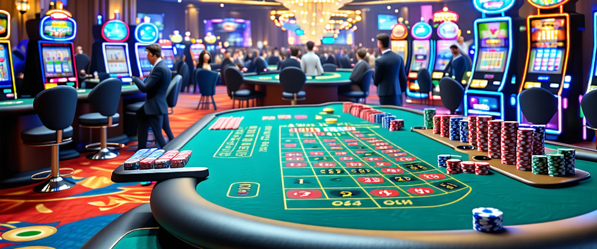 Sảnh casino trực tuyến OK9 sôi động với người chia bài và các bàn chơi Baccarat, Roulette, Blackjack